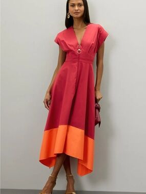 Roksanda Red and Orange V‑Neck High‑Low Dress